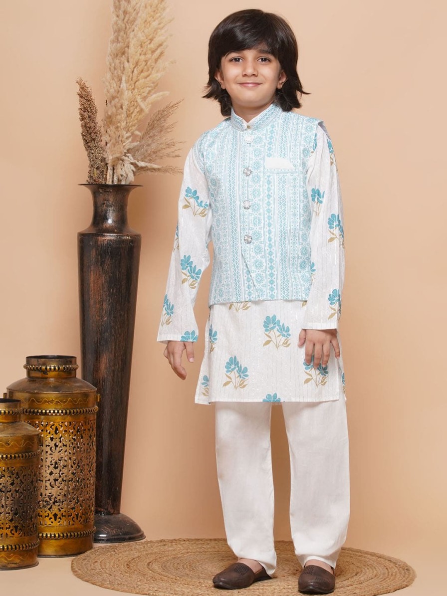 Kids Aj DEZInES Ethnic Wear | Buy Aj Dezines Boys Floral Printed Zari Pure Cotton Kurta With Pyjamas & Nehru Jacket - Apparel For Boys