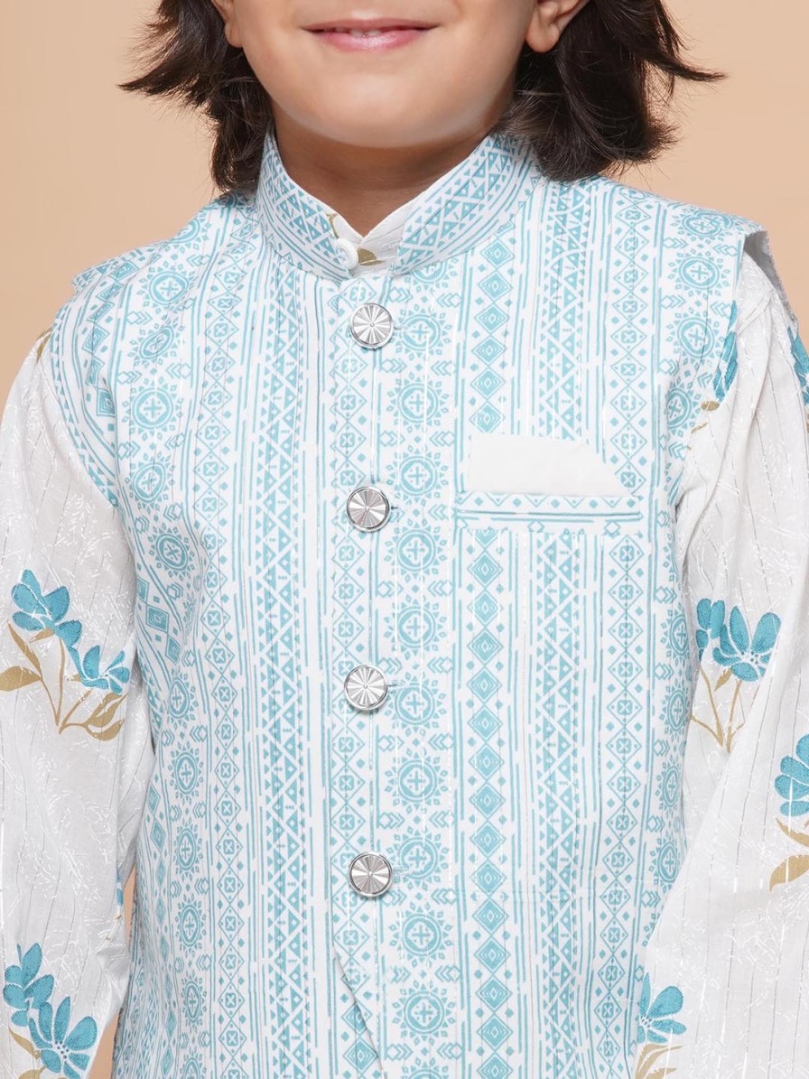 Kids Aj DEZInES Ethnic Wear | Buy Aj Dezines Boys Floral Printed Zari Pure Cotton Kurta With Pyjamas & Nehru Jacket - Apparel For Boys