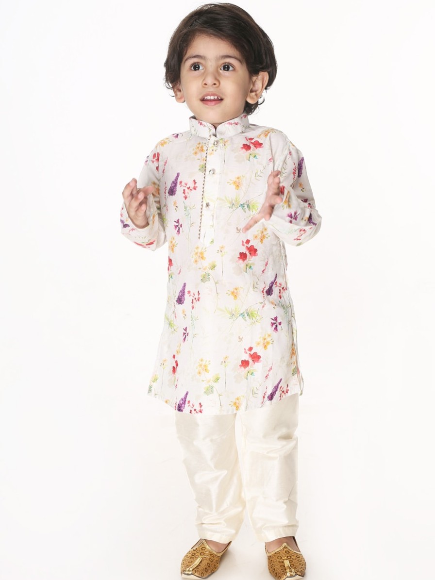 Kids VASTRAMAY SISHU Ethnic Wear | Buy Vastramay Sishu Boys Cream Coloured Floral Printed Kurta - Apparel For Boys