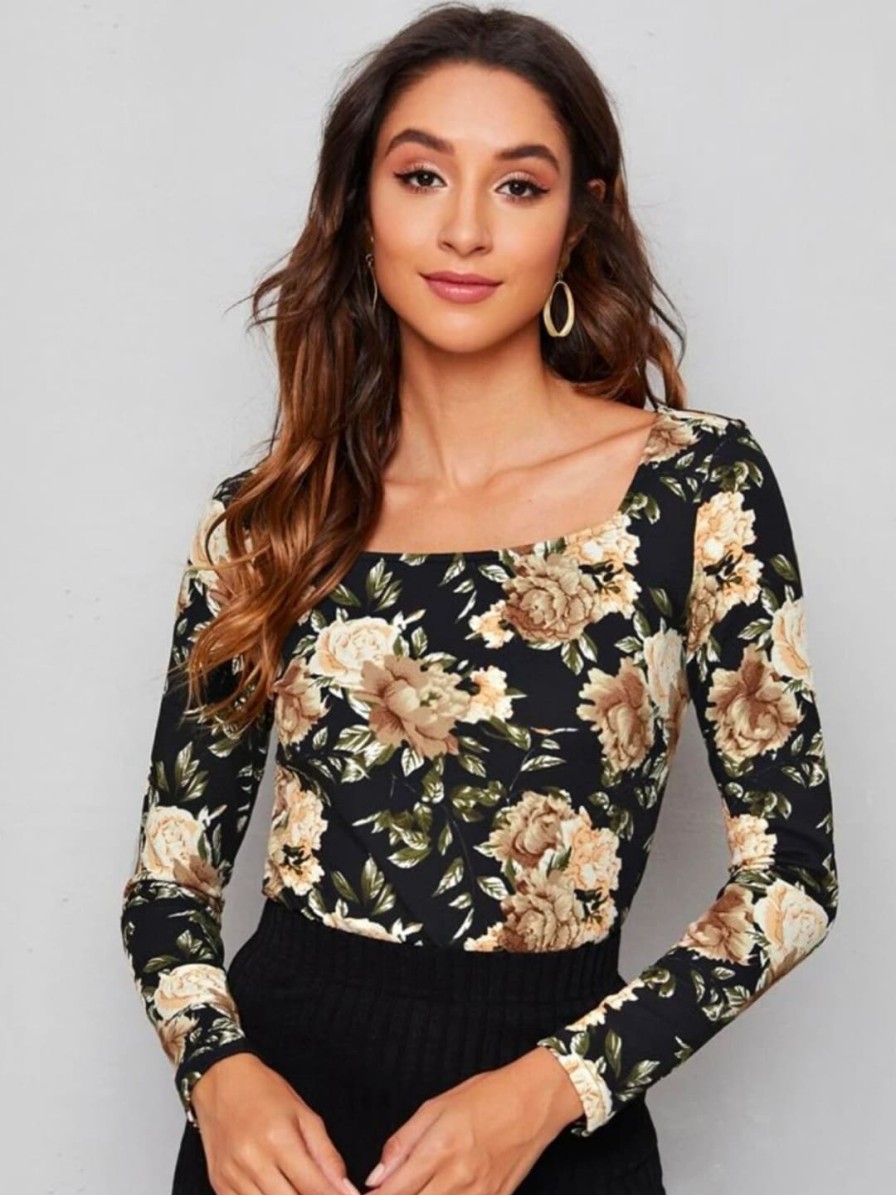 Women Dream Beauty Fashion Tops | Buy Dream Beauty Fashion Sania Women Black & Beige Floral Printed Top - Apparel For Women