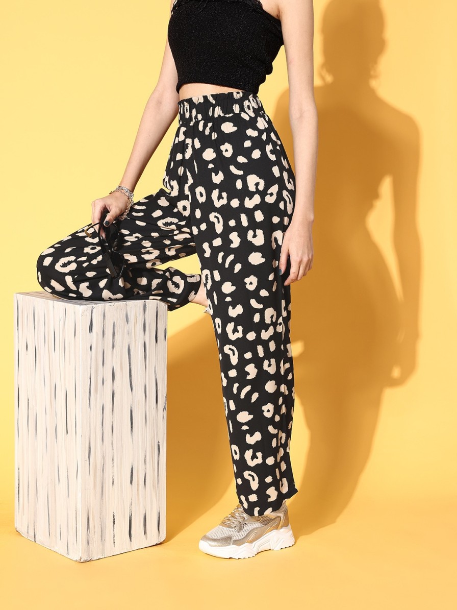 Women Berrylush Trousers & Capris | Buy Berrylush Women Stylish Black Animal Printed Wide Leg Bottom Trousers - Apparel For Women