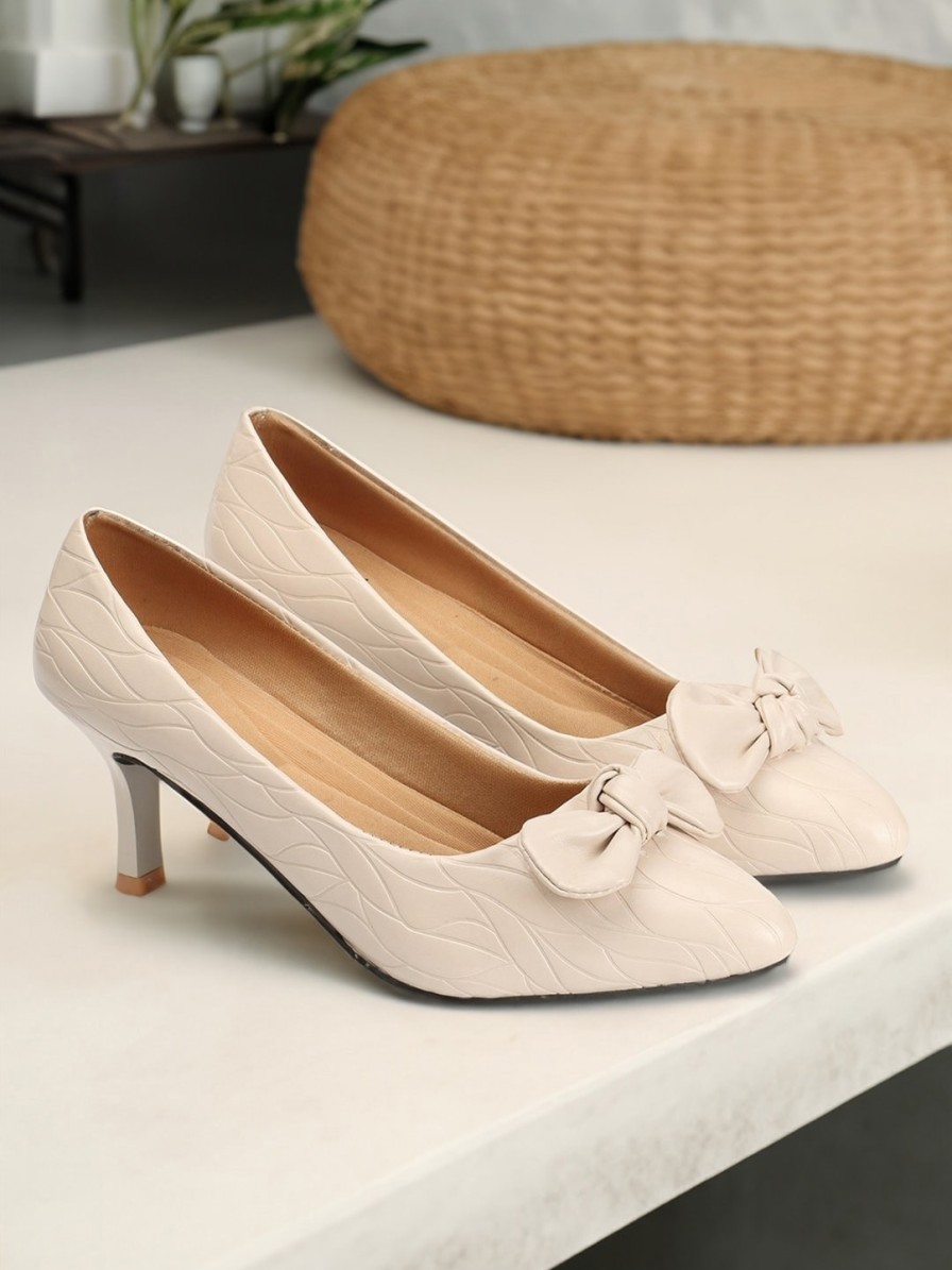 Women DressBerry Heels | Buy Dressberry Cream Coloured Pointed Toe Textured Kitten Pumps With Bows - Footwear For Women