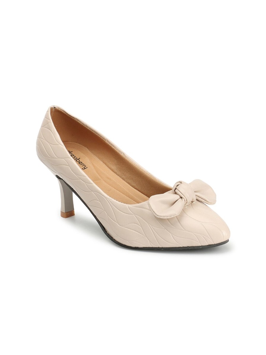 Women DressBerry Heels | Buy Dressberry Cream Coloured Pointed Toe Textured Kitten Pumps With Bows - Footwear For Women