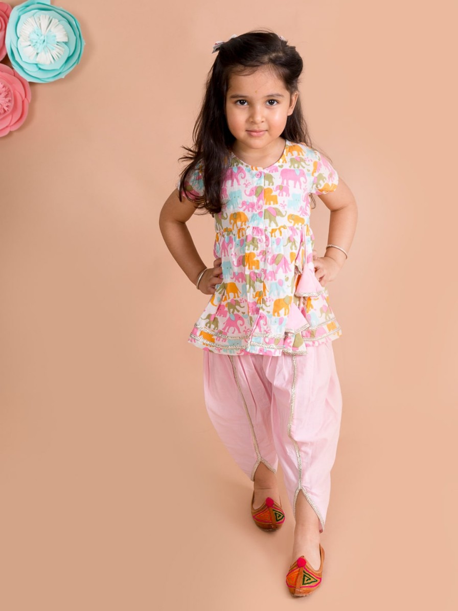 Kids pspeaches Kurta Sets | Buy Pspeaches Girls White Ethnic Motifs Printed Pleated Gotta Patti Pure Cotton Kurti With Dhoti Pants - Apparel For Girls