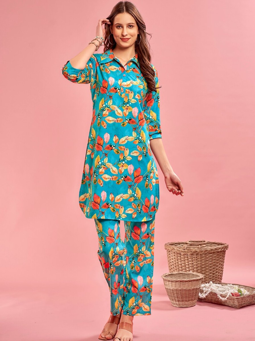 Women Anouk Co-Ords | Buy Anouk Turquoise Blue Floral Printed Tunic With Trouser - Apparel For Women