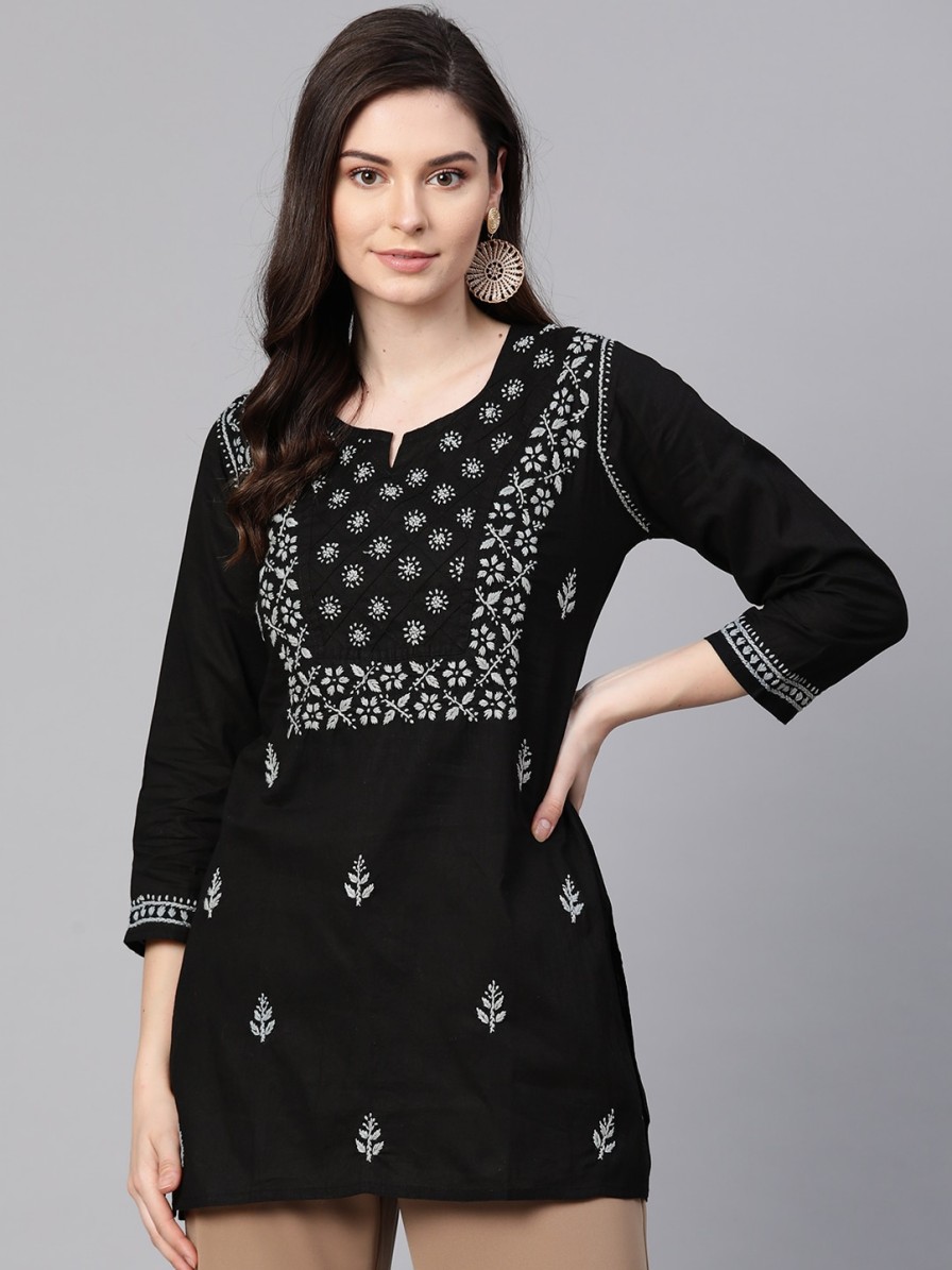 Women ADA Kurtis, Tunics & Tops | Buy Ada Women Black & Grey Chikankari Hand Embroidered Pure Cotton Straight Sustainable Handloom Kurti - Apparel For Women