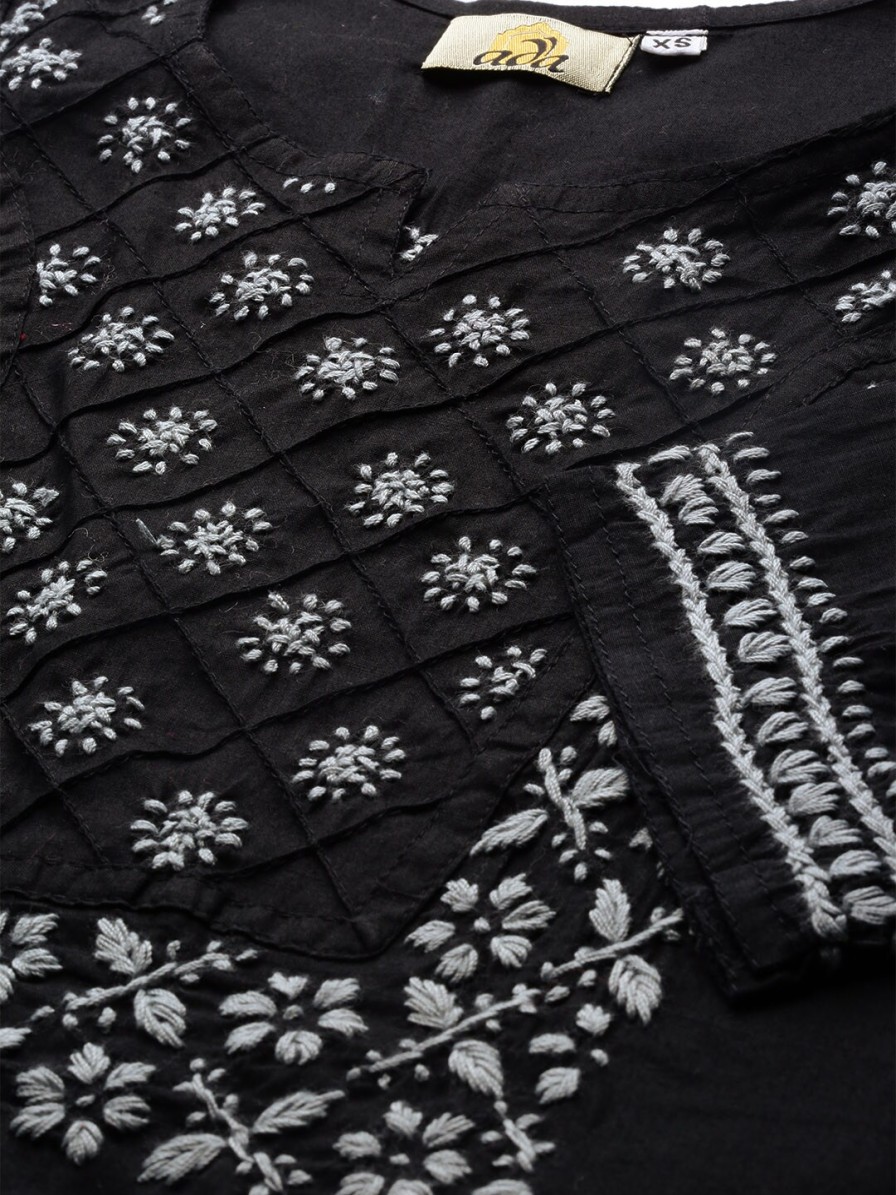 Women ADA Kurtis, Tunics & Tops | Buy Ada Women Black & Grey Chikankari Hand Embroidered Pure Cotton Straight Sustainable Handloom Kurti - Apparel For Women