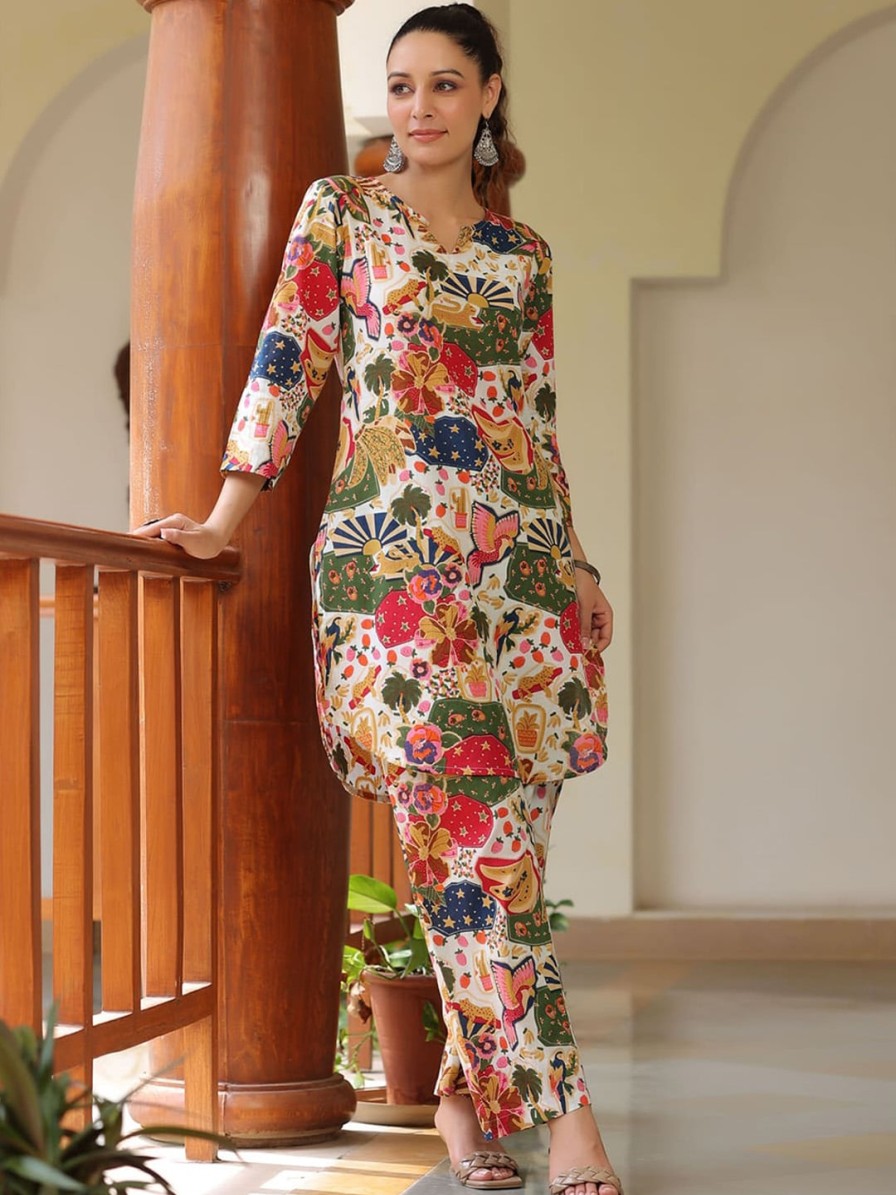 Women Rain & Rainbow Co-Ords | Buy Rain & Rainbow Printed Pure Cotton Round Neck Tunic With Trousers - Apparel For Women