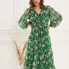 Women Antheaa Dresses | Buy Antheaa Green Floral Printed V Neck Puff Sleeve Pleated Tiered Fit & Flare Dress - Apparel For Women