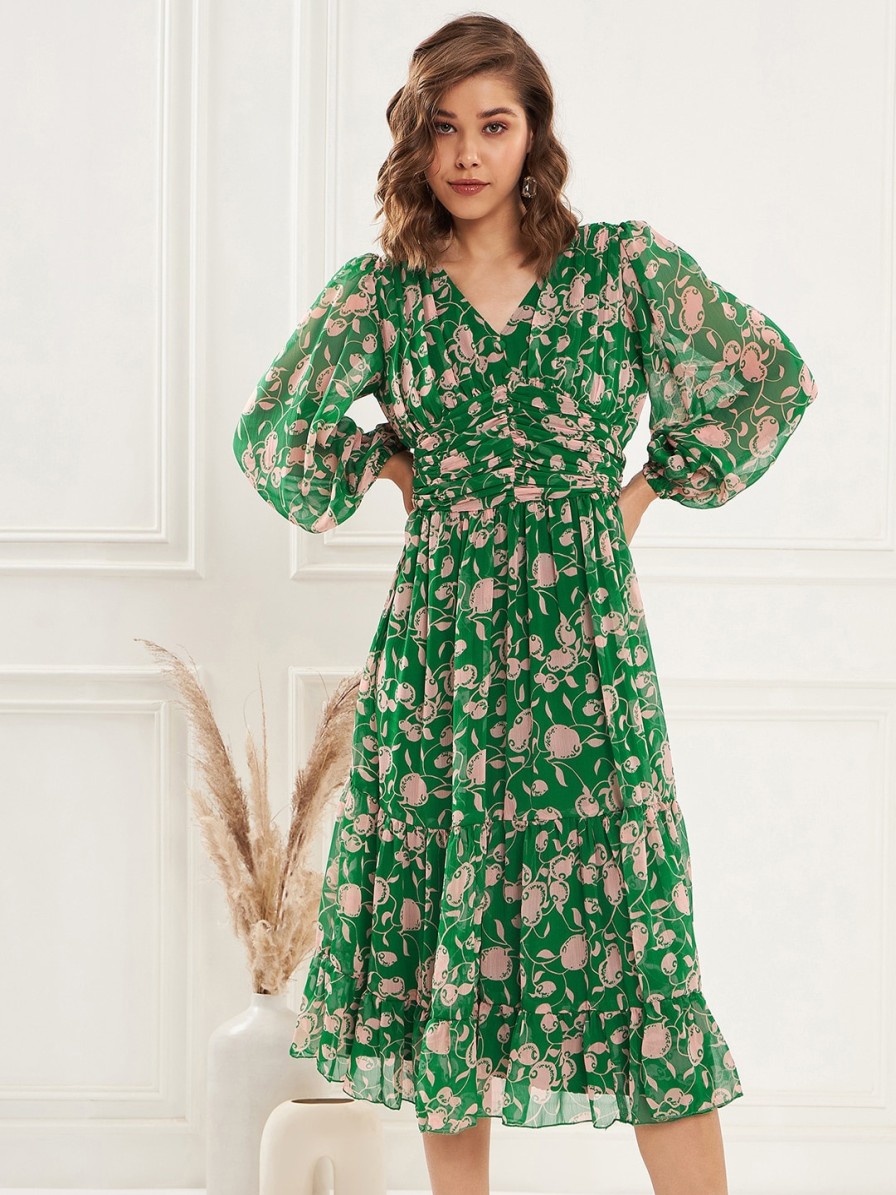 Women Antheaa Dresses | Buy Antheaa Green Floral Printed V Neck Puff Sleeve Pleated Tiered Fit & Flare Dress - Apparel For Women