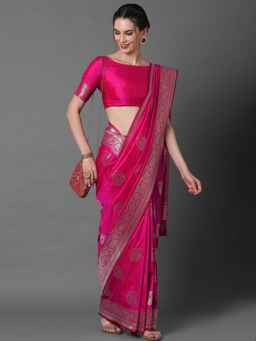 Women Mitera Sarees | Buy Mitera Pink & Silver Toned Paisley Zari Silk Blend Banarasi Saree - Apparel For Women