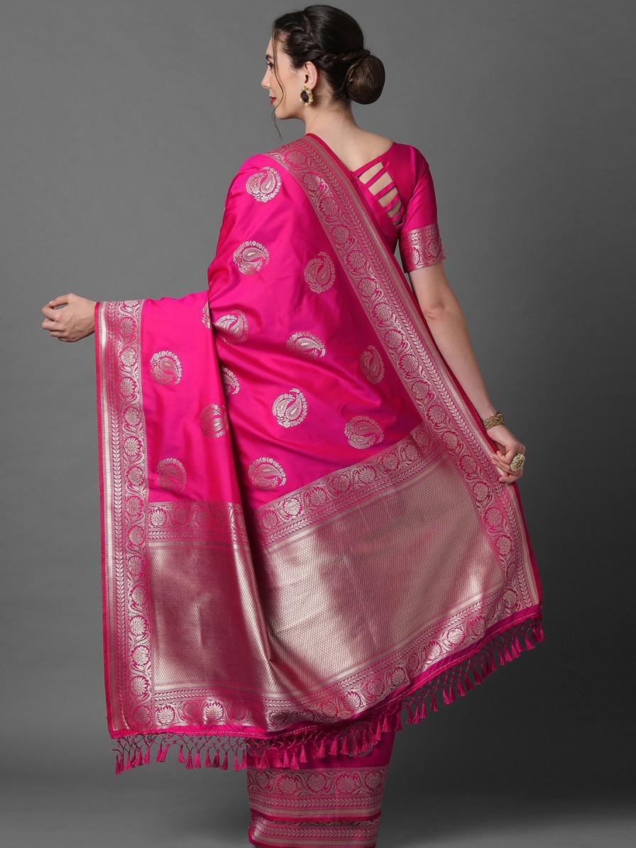 Women Mitera Sarees | Buy Mitera Pink & Silver Toned Paisley Zari Silk Blend Banarasi Saree - Apparel For Women