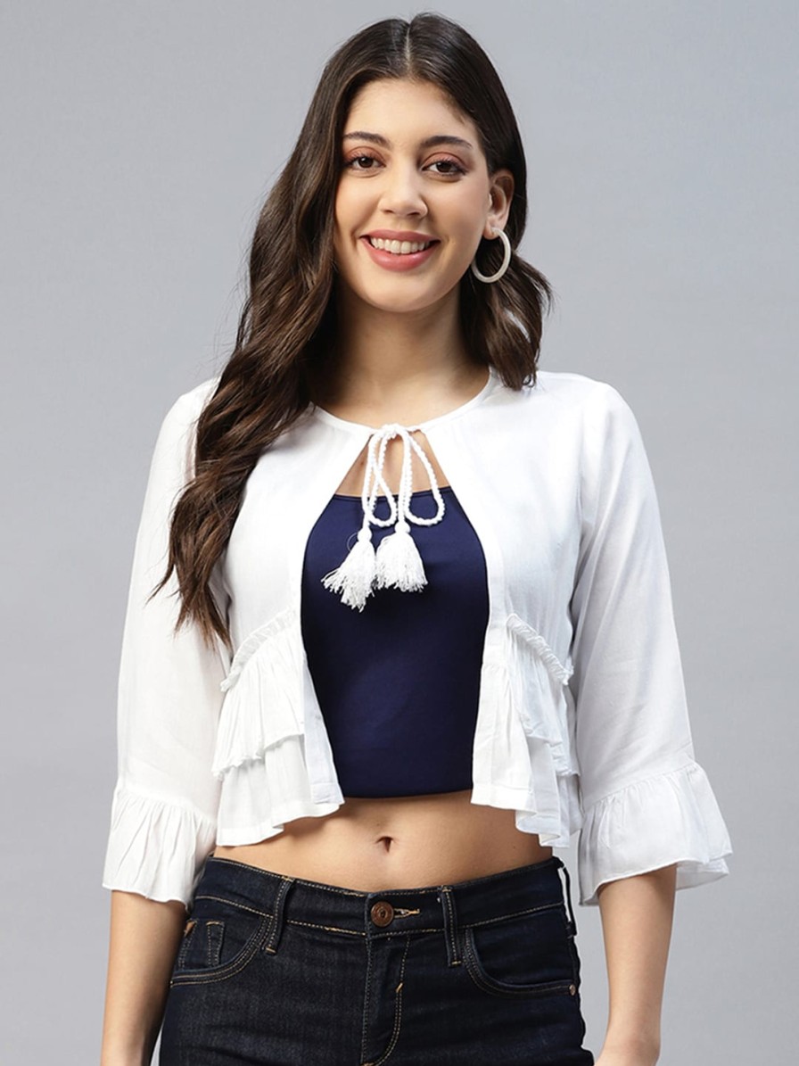 Women DEEBACO Shrugs | Buy Deebaco Women White Tie Up Crop Shrug - Apparel For Women