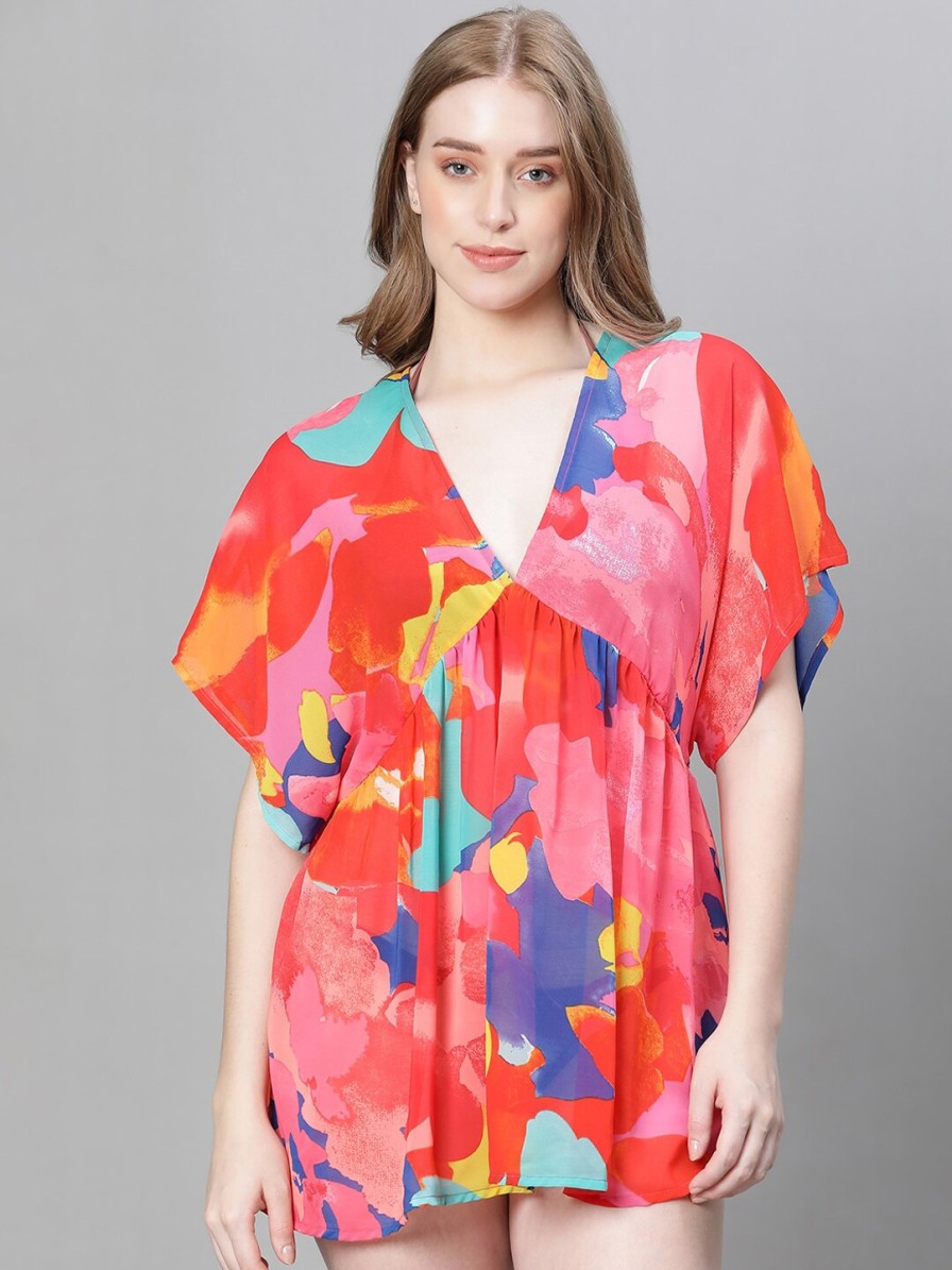 Women Oxolloxo Swimwear | Buy Oxolloxo Abstract Printed Georgette Kaftan Swimwear Cover Up Top - Apparel For Women