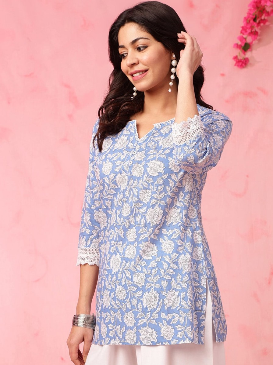 Women Anouk Kurtis, Tunics & Tops | Buy Anouk Blue Floral Printed Straight Pure Cotton Kurti - Apparel For Women