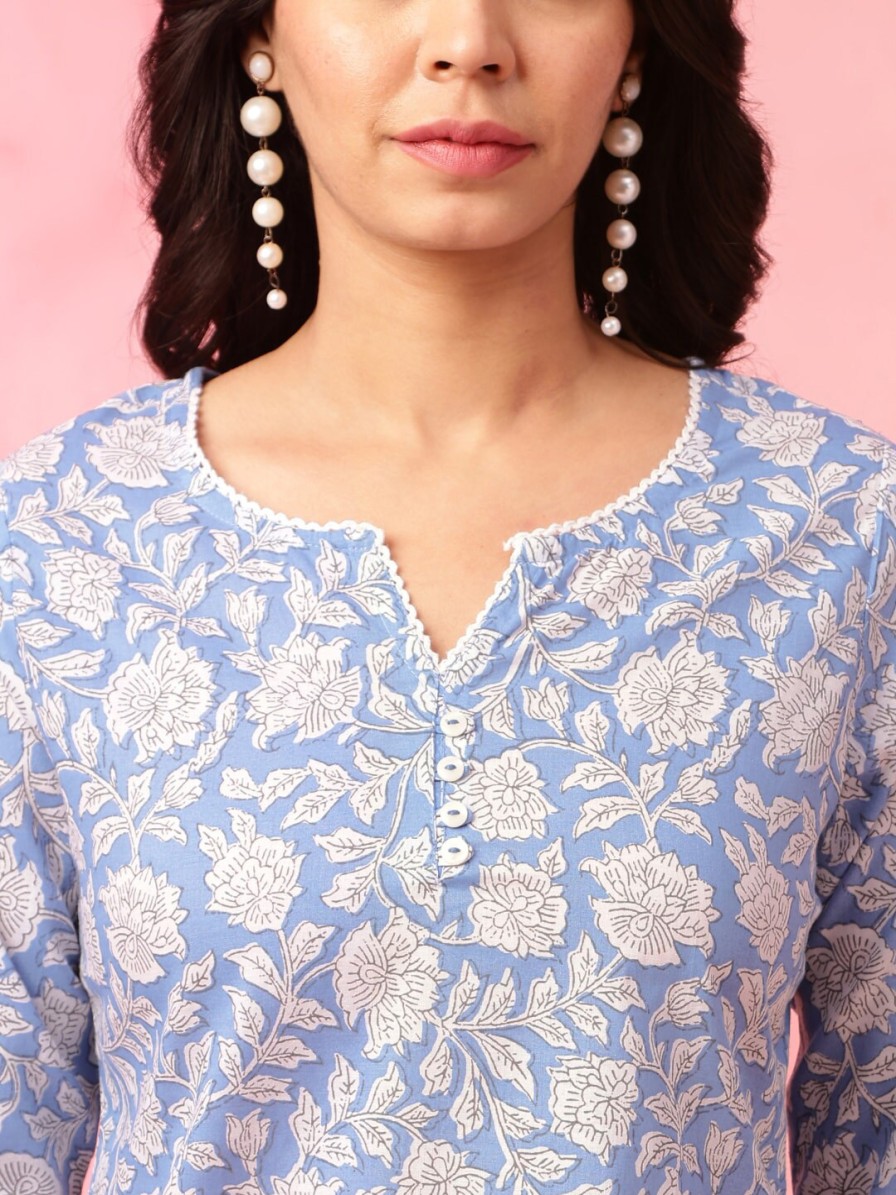 Women Anouk Kurtis, Tunics & Tops | Buy Anouk Blue Floral Printed Straight Pure Cotton Kurti - Apparel For Women