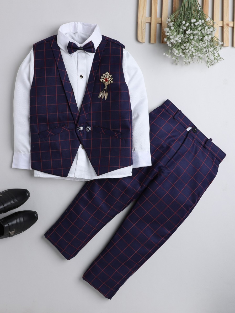 Kids DKGF FASHION Party Wear | Buy Dkgf Fashion Boys Blue & White Checked Double Breasted 3 Piece Suit - Apparel For Boys