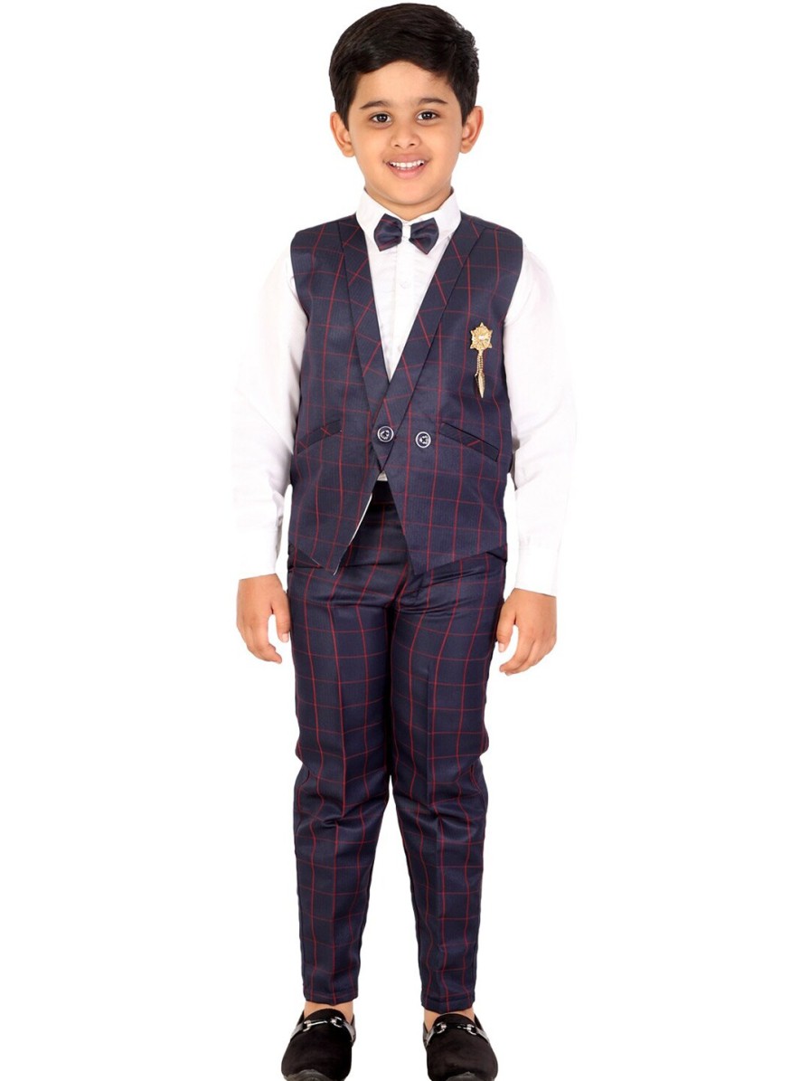 Kids DKGF FASHION Party Wear | Buy Dkgf Fashion Boys Blue & White Checked Double Breasted 3 Piece Suit - Apparel For Boys