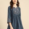 Women Sangria Kurtis, Tunics & Tops | Buy Sangria Teal Blue Embroidered Longline Top - Apparel For Women