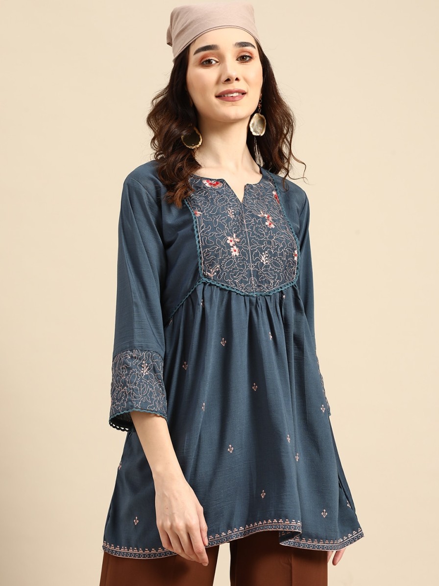 Women Sangria Kurtis, Tunics & Tops | Buy Sangria Teal Blue Embroidered Longline Top - Apparel For Women