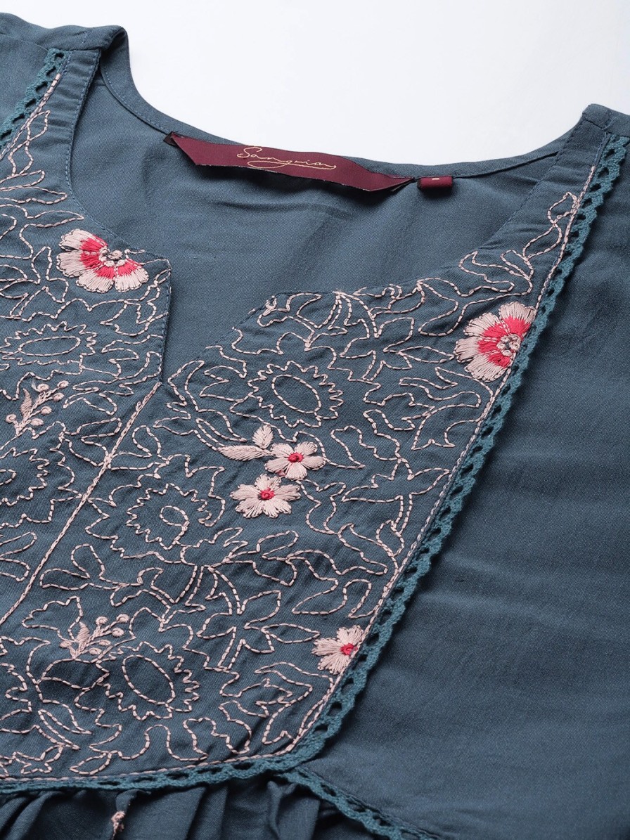 Women Sangria Kurtis, Tunics & Tops | Buy Sangria Teal Blue Embroidered Longline Top - Apparel For Women