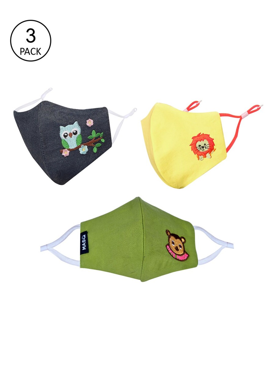 Kids MASQ Masks & Protective Gears | Buy Masq Kids Pack Of 3 Embroidered 4 Ply Pure Cotton Adjustable Cloth Masks - Accessories For Unisex Kids