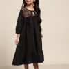 Kids Sangria Dresses | Buy Sangria Girls Black Embroidered Yoke Design Mirror Work Pure Cotton A Line Dress - Apparel For Girls