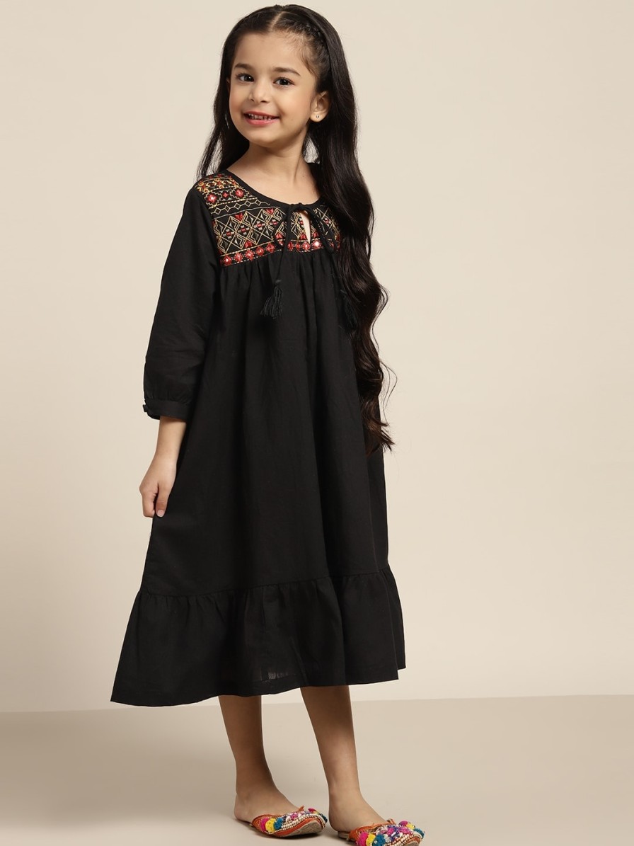 Kids Sangria Dresses | Buy Sangria Girls Black Embroidered Yoke Design Mirror Work Pure Cotton A Line Dress - Apparel For Girls