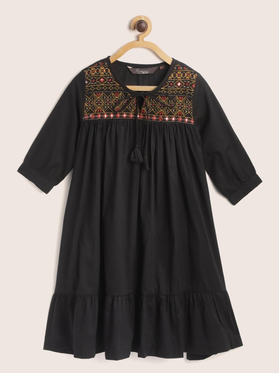 Kids Sangria Dresses | Buy Sangria Girls Black Embroidered Yoke Design Mirror Work Pure Cotton A Line Dress - Apparel For Girls