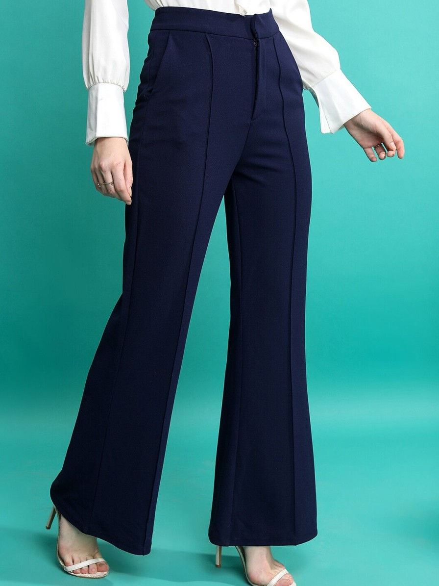 Women Tokyo Talkies Trousers & Capris | Buy Tokyo Talkies Women Navy Blue Flared Bootcut Trousers - Apparel For Women