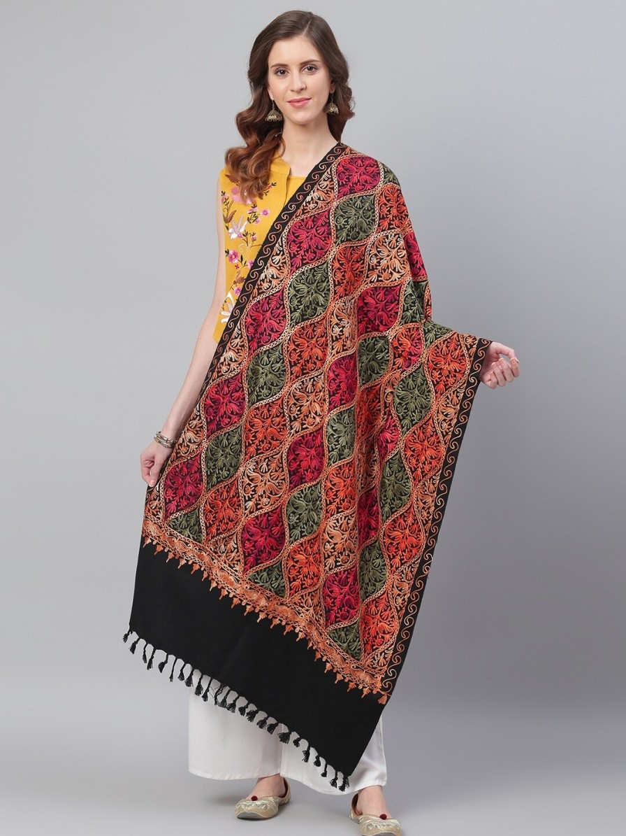 Women WEAVERS VILLA Dupattas & Shawls | Buy Weavers Villa Women Red & Green Aari Work Embroidered Shawl - Apparel For Women