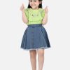 Kids AWW HUNNIE Clothing Sets | Buy Aww Hunnie Green Cotton Floral Embroidered Top With Denim Skirt - Apparel For Girls