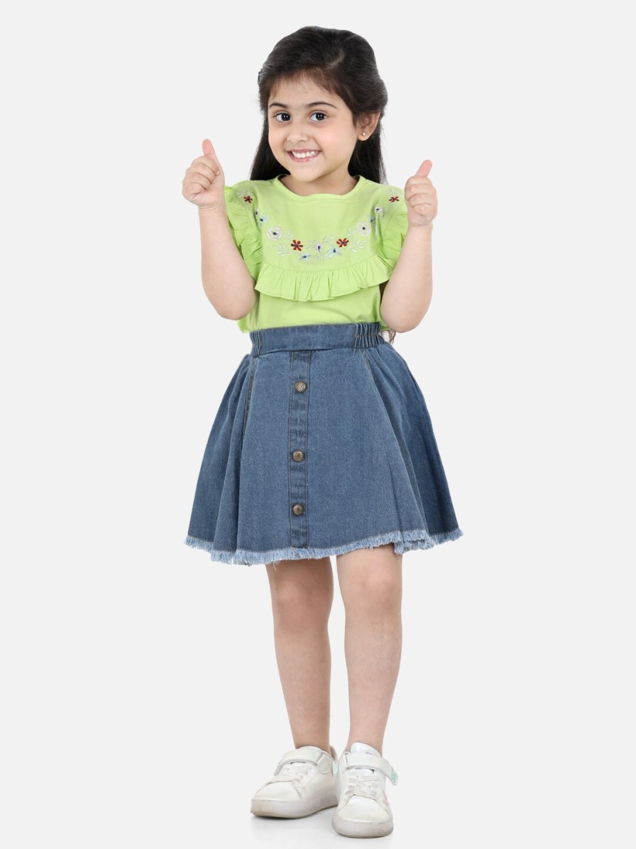 Kids AWW HUNNIE Clothing Sets | Buy Aww Hunnie Green Cotton Floral Embroidered Top With Denim Skirt - Apparel For Girls