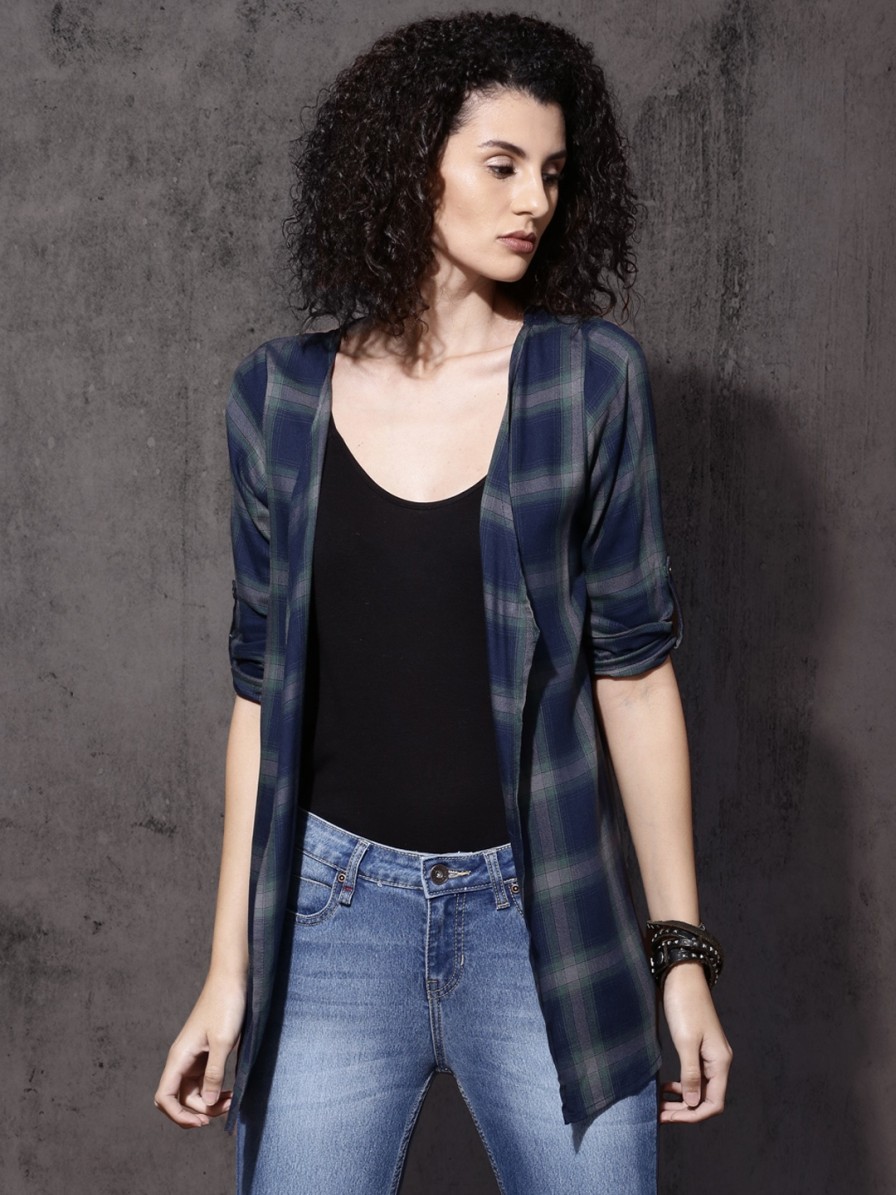 Women Roadster Shrugs | Buy Roadster Green & Navy Checked Front Open Shrug - Apparel For Women