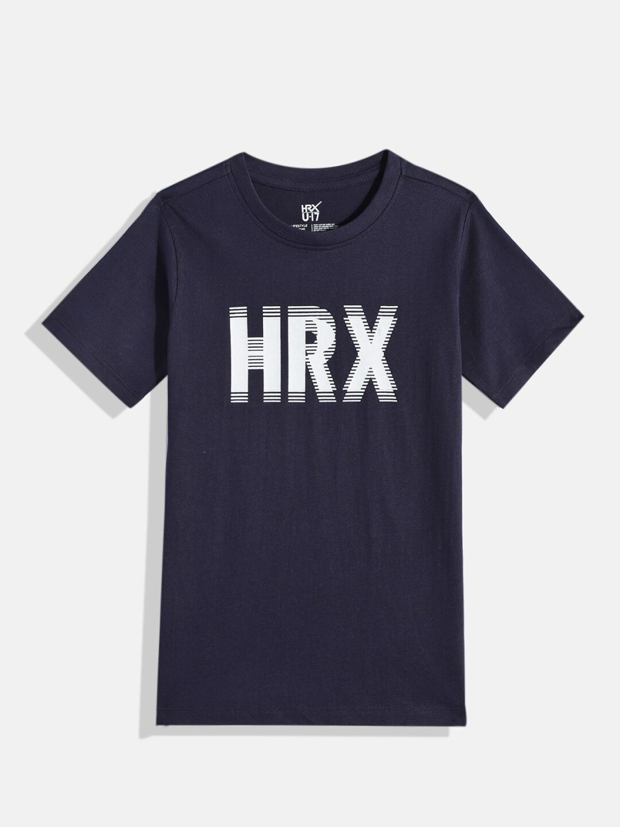 Kids HRX by Hrithik Roshan Hrx | Buy Hrx By Hrithik Roshan Boys Navy Blue & White Brand Logo Printed Pure Cotton T Shirt - Apparel For Boys