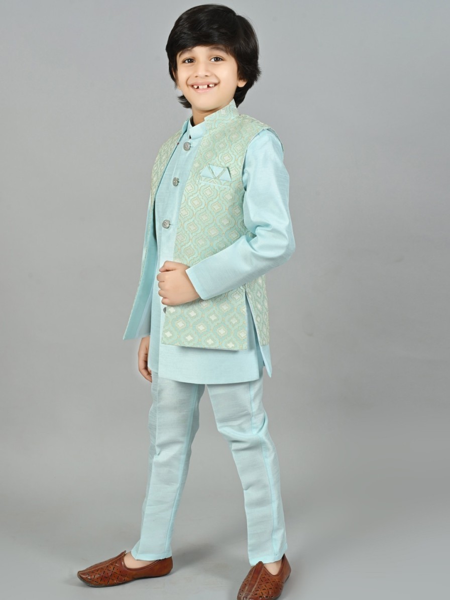 Kids ahhaaaa Ethnic Wear | Buy Ahhaaaa Boys Mandarin Collar Regular Kurta With Pyjamas & Nehru Jacket - Apparel For Boys