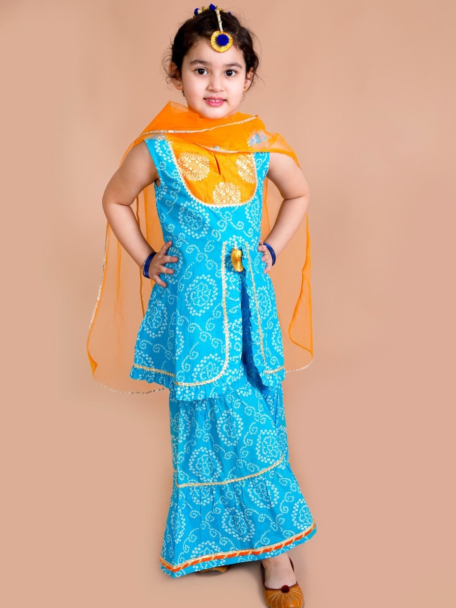 Kids pspeaches Kurta Sets | Buy Pspeaches Girls Blue Bandhani Printed Panelled Gotta Patti Pure Cotton Kurti With Sharara & With Dupatta - Apparel For Girls