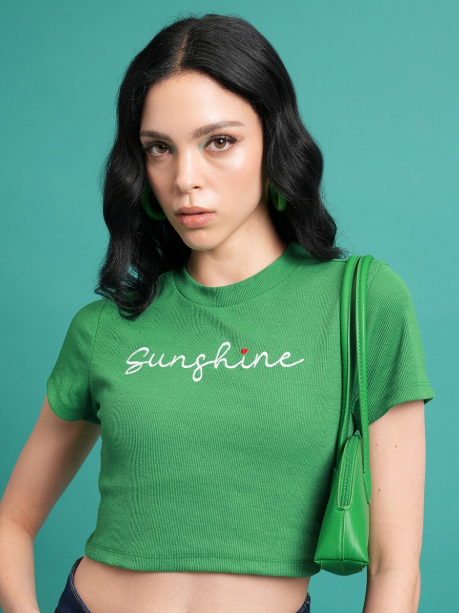 Women Tokyo Talkies Tshirts | Buy Tokyo Talkies Green Typography Printed Crop T Shirt - Apparel For Women