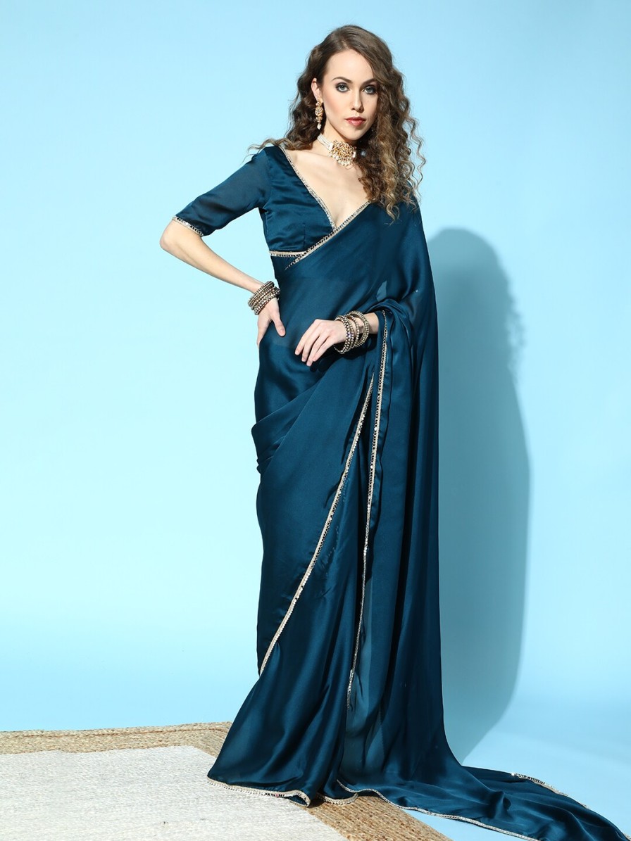 Women Inddus Sarees | Buy Inddus Solid Saree With Embellished Border - Apparel For Women