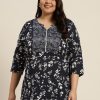 Women Sztori Kurtis, Tunics & Tops | Buy Sztori Plus Size Navy Blue & White Pure Cotton Floral Print Flared Sleeves Kurti - Apparel For Women