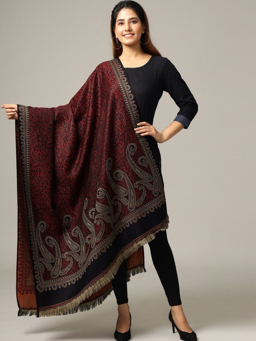 Women HANDICRAFT PALACE Dupattas & Shawls | Buy Handicraft Palace Women Black & Maroon Hand Woven Design Wool Shawl - Apparel For Women