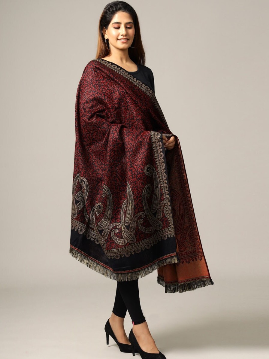 Women HANDICRAFT PALACE Dupattas & Shawls | Buy Handicraft Palace Women Black & Maroon Hand Woven Design Wool Shawl - Apparel For Women