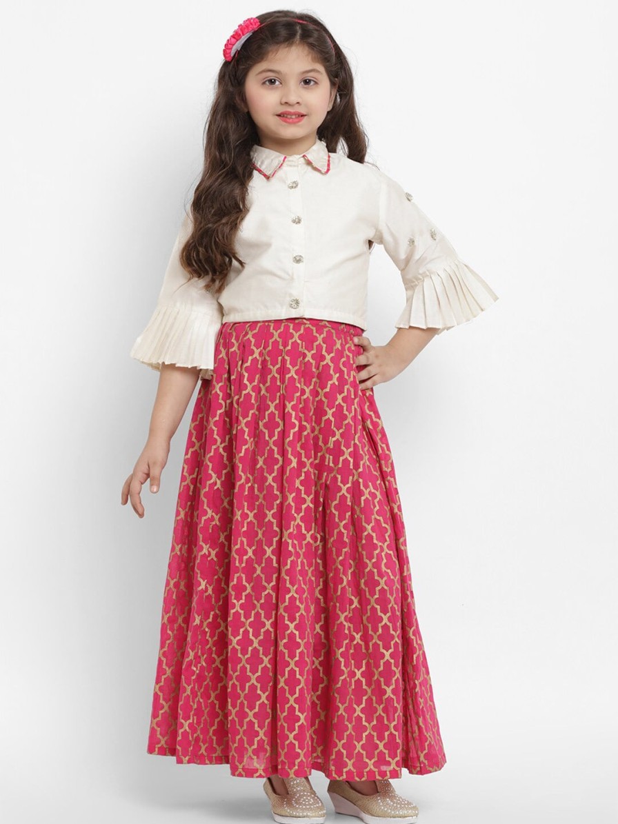 Kids Bitiya by Bhama Lehenga Choli | Buy Bitiya By Bhama Girls Off White & Pink Ready To Wear Silk Lehenga & Choli - Apparel For Girls