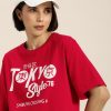 Women DILLINGER Tshirts | Buy Dillinger Women Red & White Typography Printed Pure Cotton Oversized T Shirt - Apparel For Women