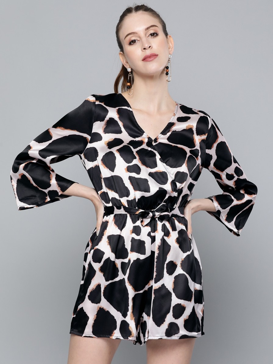 Women SASSAFRAS Playsuits | Buy Sassafras Off White & Black Animal Print Satin Playsuit - Apparel For Women