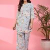 Women SANSKRUTIHOMES Sleepwear & Loungewear | Buy Sanskrutihomes Floral Printed Notched Neck Pure Cotton Kurti With Pyjamas - Apparel For Women