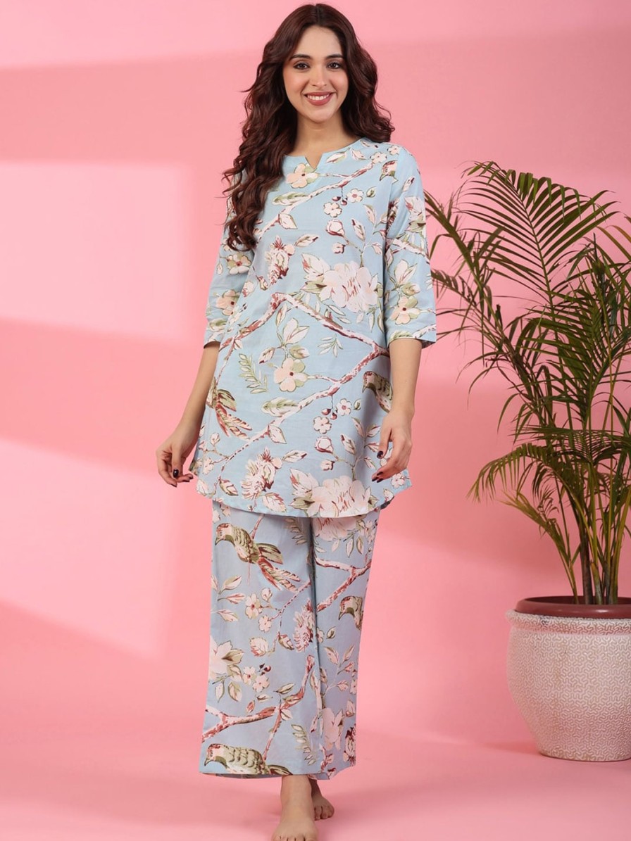 Women SANSKRUTIHOMES Sleepwear & Loungewear | Buy Sanskrutihomes Floral Printed Notched Neck Pure Cotton Kurti With Pyjamas - Apparel For Women