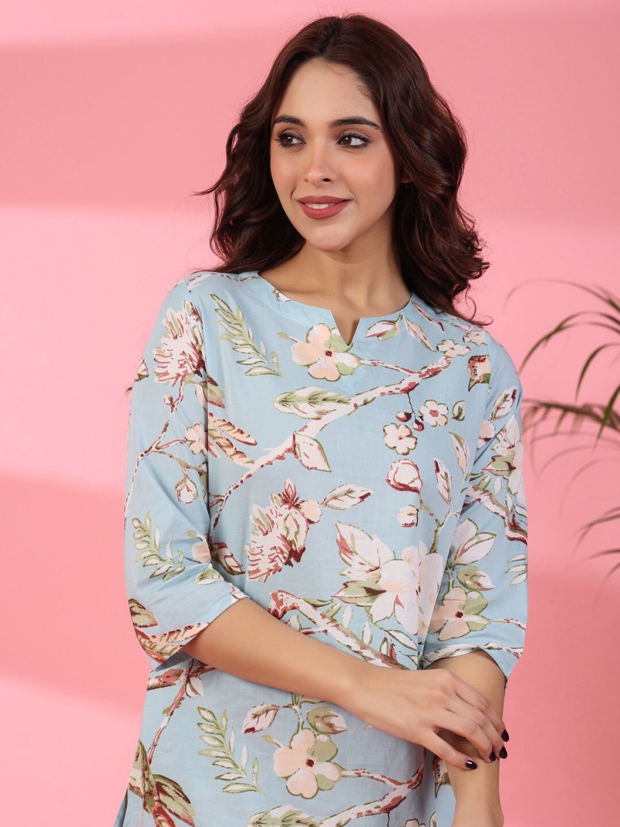 Women SANSKRUTIHOMES Sleepwear & Loungewear | Buy Sanskrutihomes Floral Printed Notched Neck Pure Cotton Kurti With Pyjamas - Apparel For Women