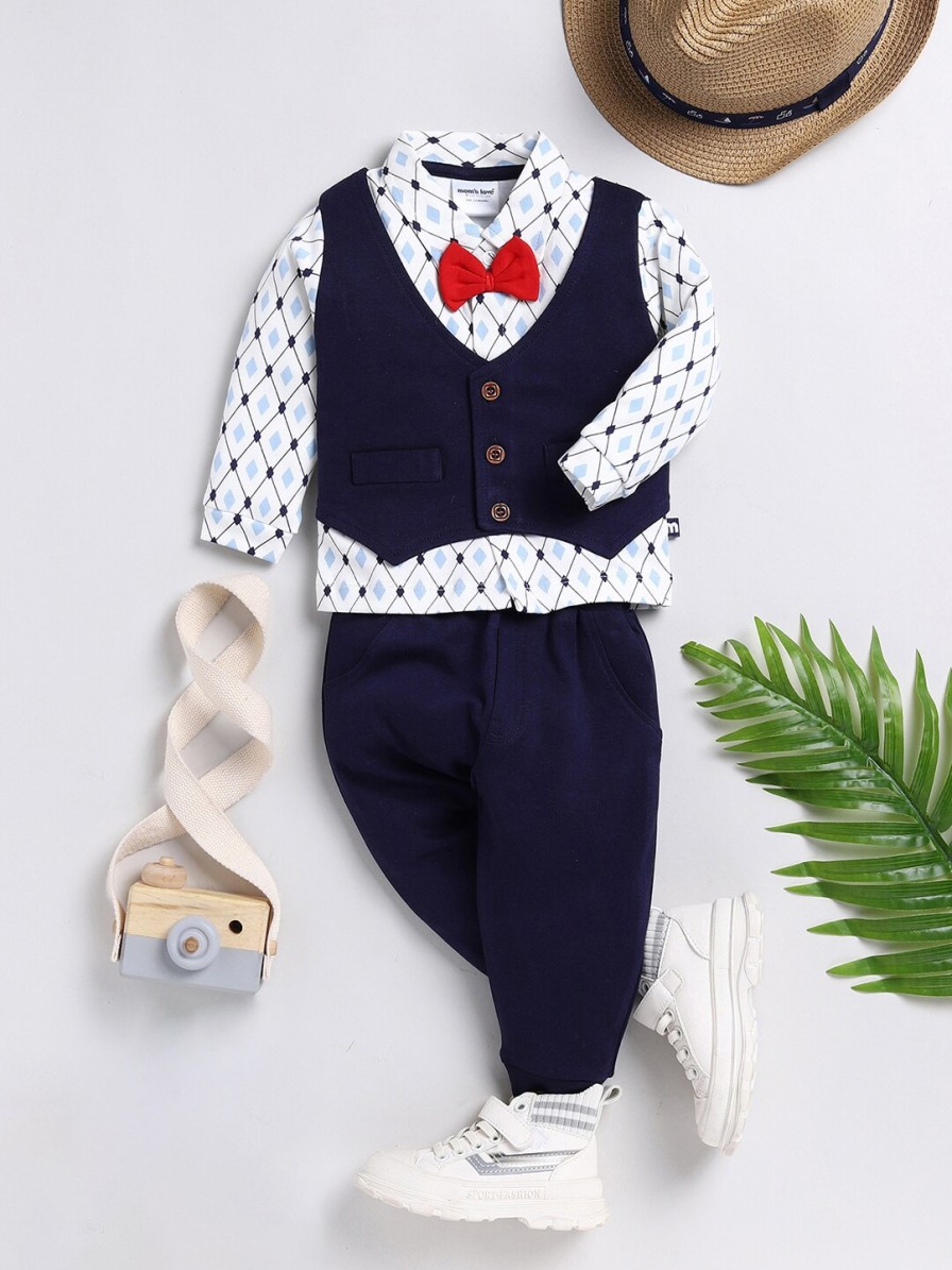 Kids Moms Love Party Wear | Buy Moms Love Infant Boys Printed Pure Cotton Shirt With Trousers & Waistcoat - Apparel For Boys