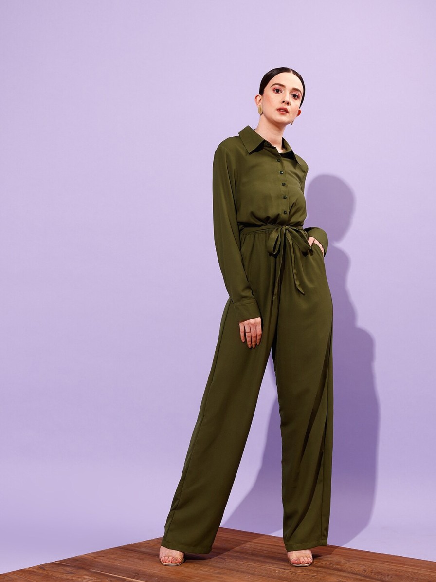 Women STREET 9 Jumpsuits | Buy Street 9 Shirt Collar Long Sleeve Waist Tie Ups Basic Jumpsuit - Apparel For Women